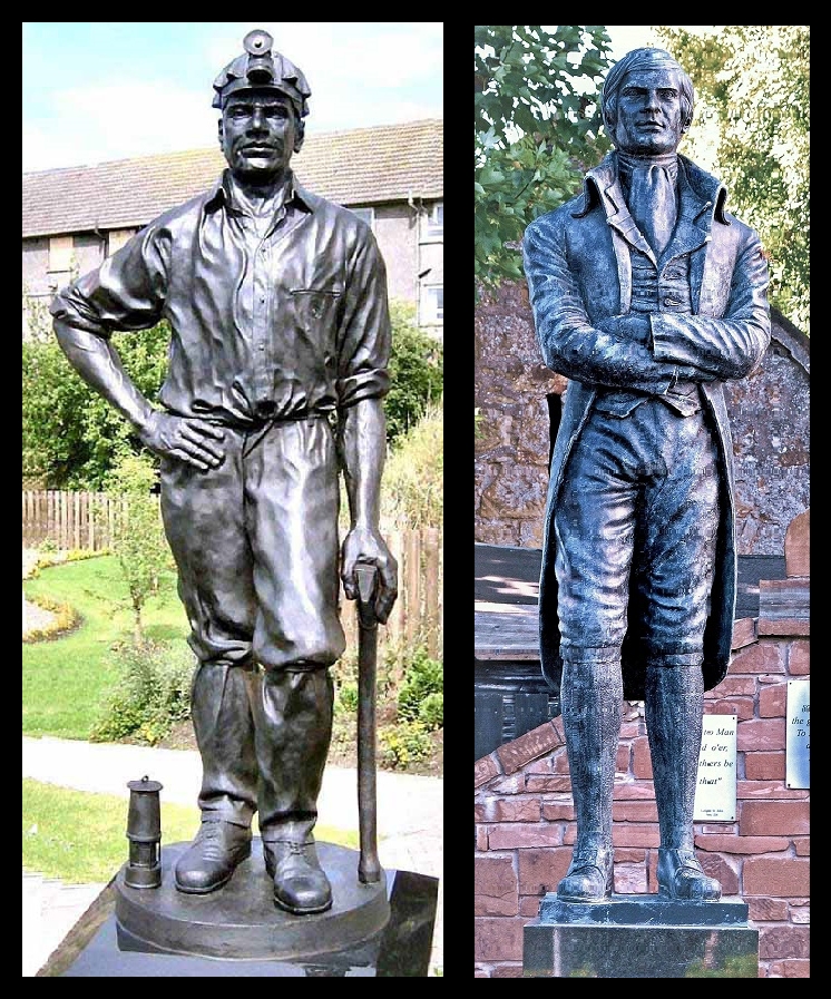 Miner Memorial at Muirkirk and Robert Burns statue in bronze at New Cumnock